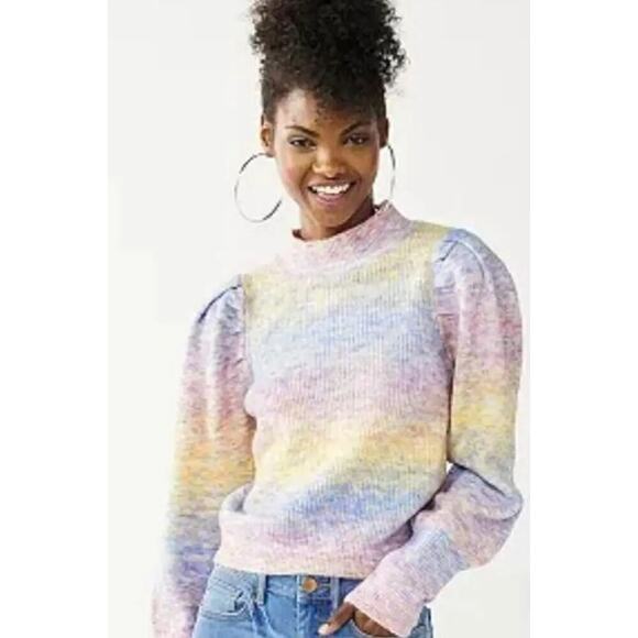 SO Pastel Rainbow Mock Turtleneck Puff Sleeve Sweater Size Medium - Picture 1 of 10